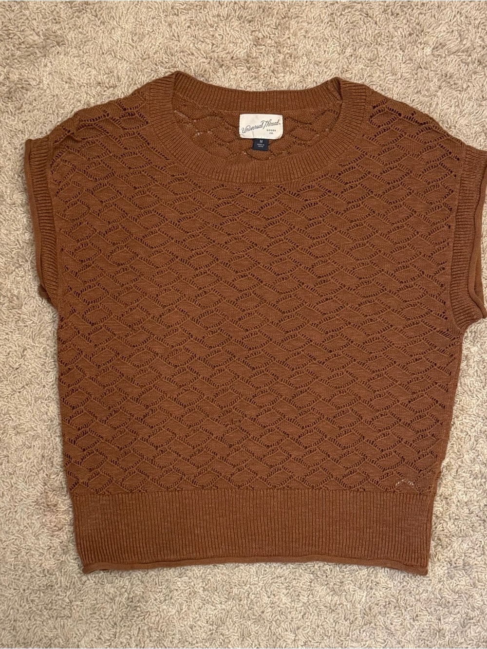 Universal Thread Brown Openwork Knit Cap-Sleeve Sweater